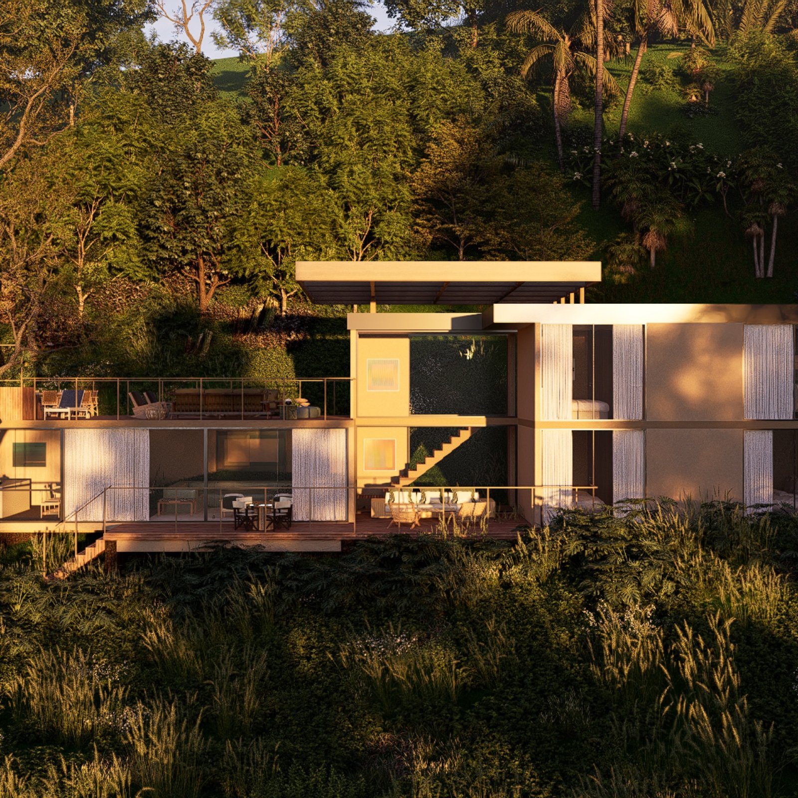 Render da fachada da casa ao entardecer